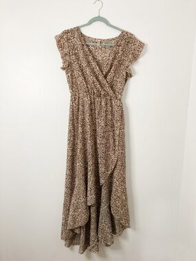 Grecerelle Brown Cream Floral Faux Wrap High-Low Midi Dress
